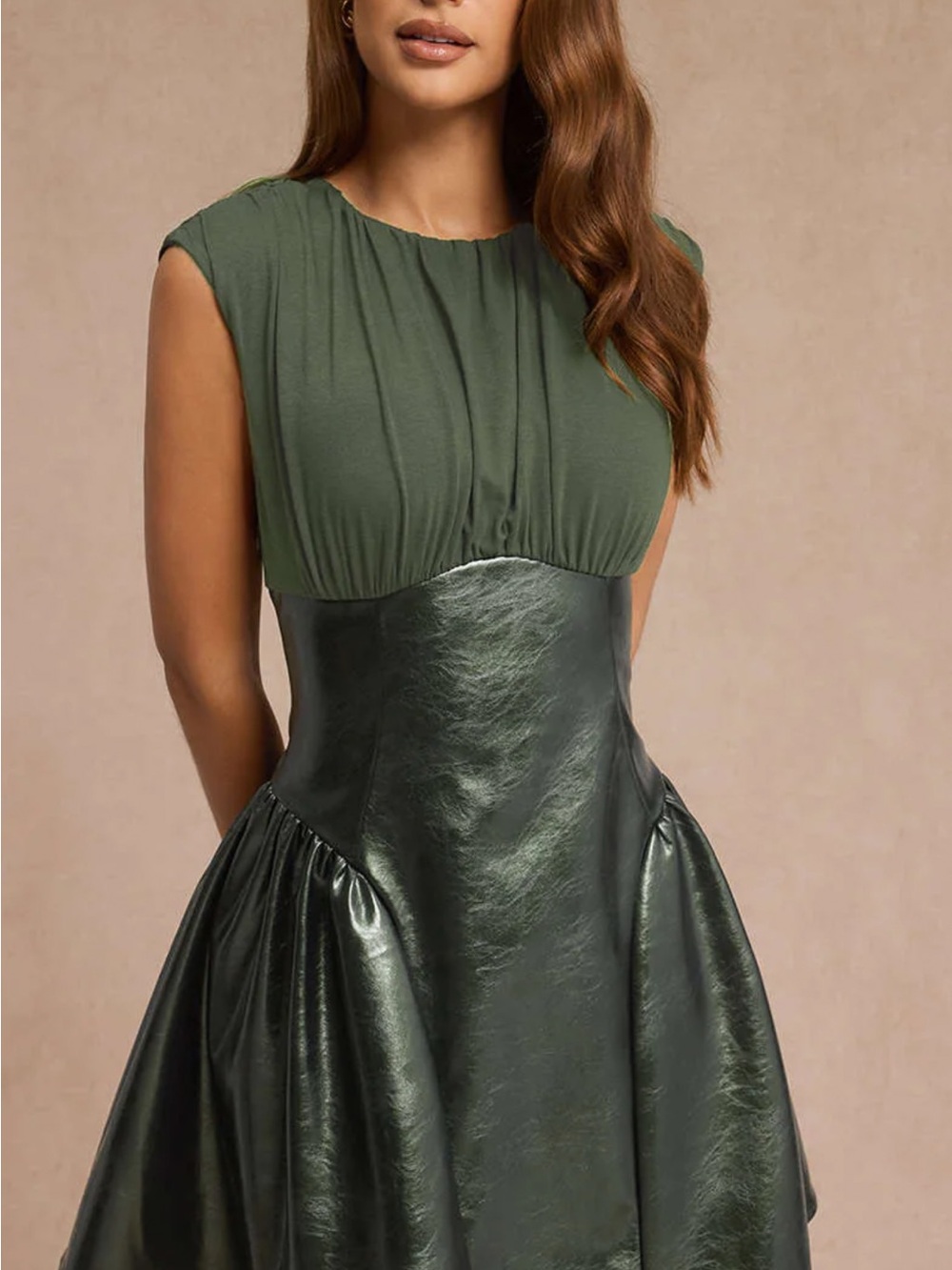 NWOT Faux Leather Patchwork Ruched Sleeveless Mini Dress - Picture 2 of 6